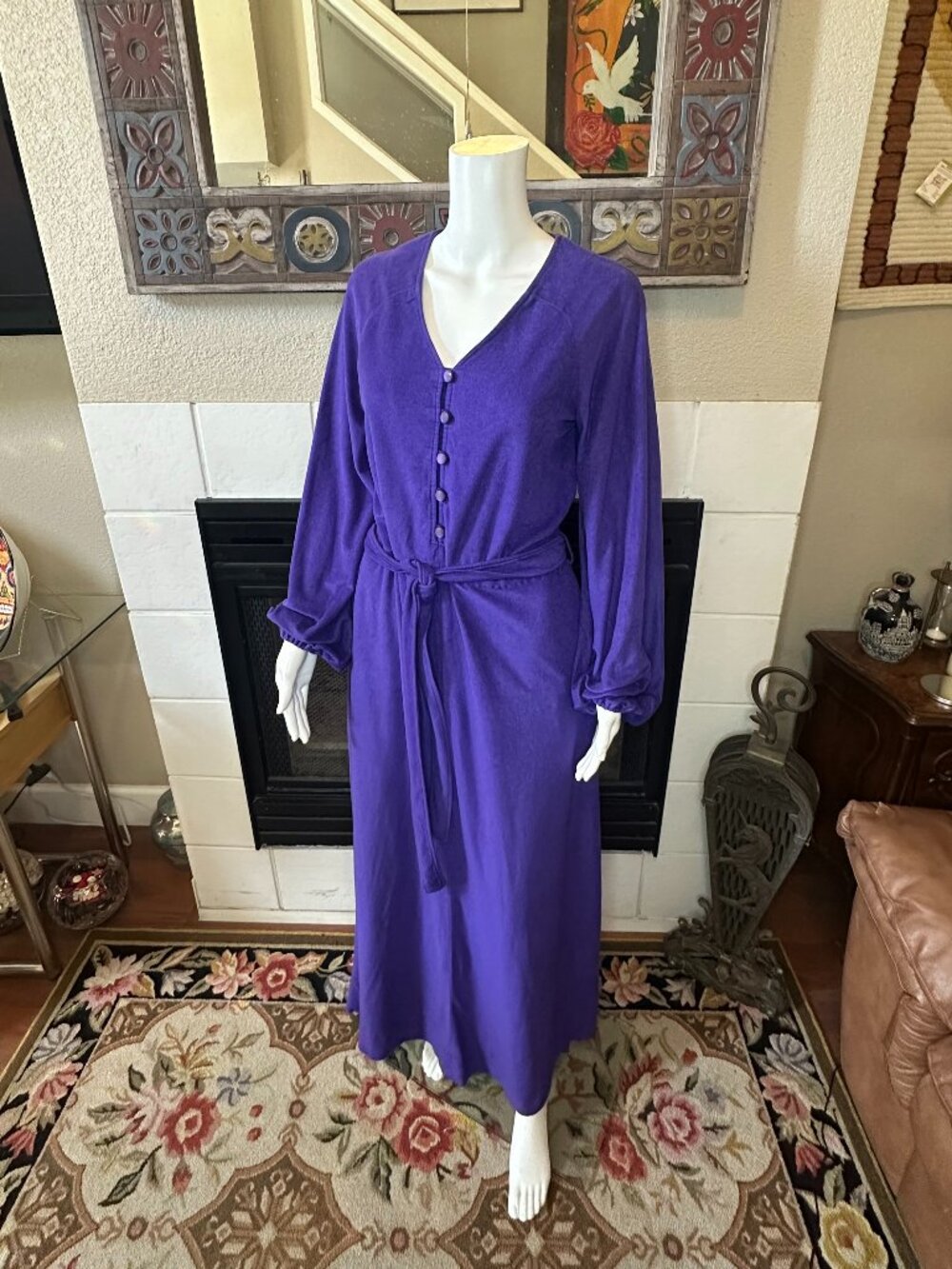 Maxi v-neck house dress Med soft Purple bishop Sleeve Belted bust 36" Length 57"